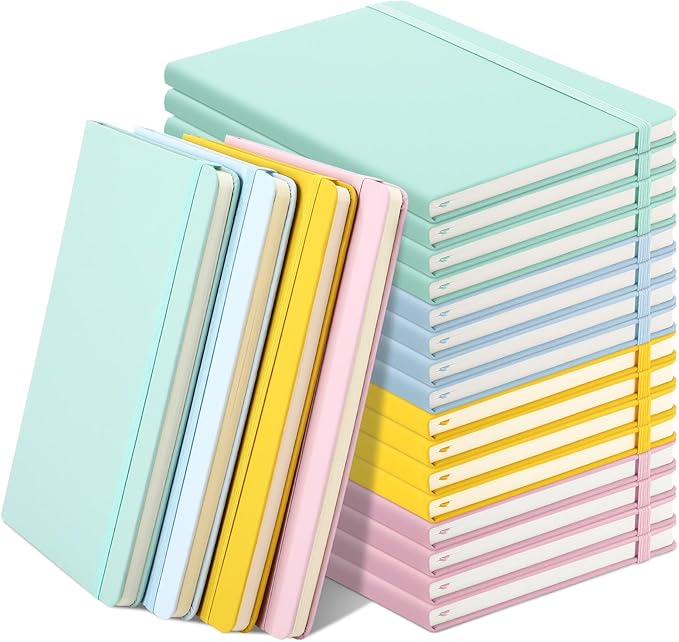 Honoson 20 Pack Lined Journal Notebooks A5 Hardcover Executive Notebook 5.5" x 8.3" PU Leather Wide Ruled Journals Bulk with Elastic Band for Home Business Office School Supplies(4 Pastel Colors)