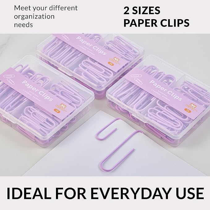 NEEWAY Colorful Paper Clips Assorted Sizes, Small and Large Paperclips, 210 Count, 3 Pack of 70 (Light Purple)