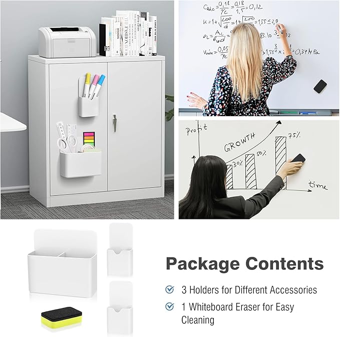 MoKo Magneitc Dry Erase Marker Holder Set, 3-Pack Magnetic Marker Pencil Holder Pen Organizer for Metal & Magnetic Surface, 1 Large with Divider & 2 Small Holders & 1 Dry Eraser, White