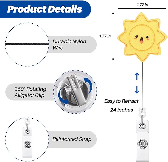Happy Sunshine Badge Reel, Cute Retractable ID Card Badge Holders, Badge Clip for RN LPN CNA MA ER ED PT OT Therapists Physician Resident Nursing Student Socical Workers HR Administrative Personnel