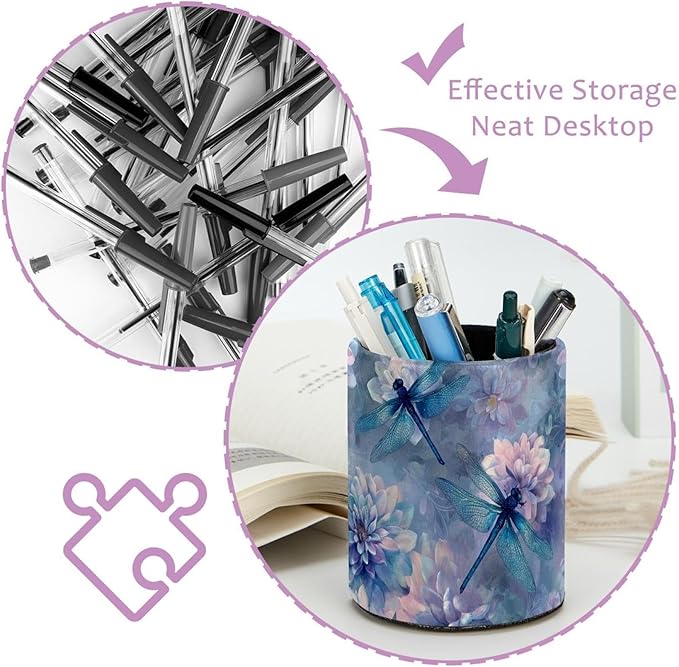 Leather Pen Holder for Desk Dragonfly Beautiful Pencil Cup Desktop Organizer Makeup Brush Holders Office Supplies for Home, Kids & School