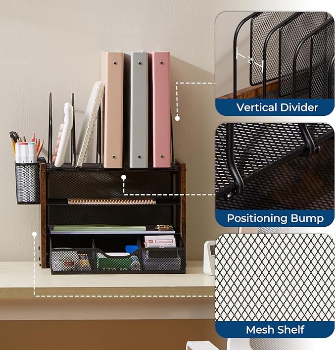 Y YOMA Wooden Desk Organizer, 4-Tier Mesh Desk Organizer with Drawer, Paper Tray & 5 Vertical File Holders, 2 Pen Holders, Desktop Organizer and Accessories for Home Office Dorm