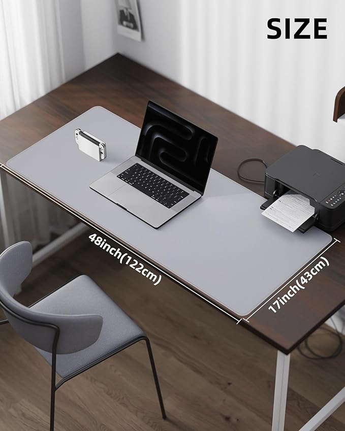 Leather Desk Pad Cover- 48" x 17" Office Desk Protector, Non-Slip PU Leather Mouse Pad, Waterproof Blotter Mat for Home (Light Grey)