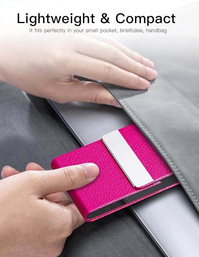 Padike PU Leather Business Card Holder for Women Professional Business Name Card Holder Stainless Steel Business Card Case with Magnetic Shut (Rose red)