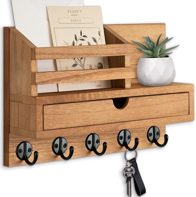 Lucundm Key Holder Wall Mount, Mail Holder with Storage Drawer and 5 Key Hooks for Coat, Dog Leash, Home Decor Rack, House Accessories, Entry Way Organizer (Wood)