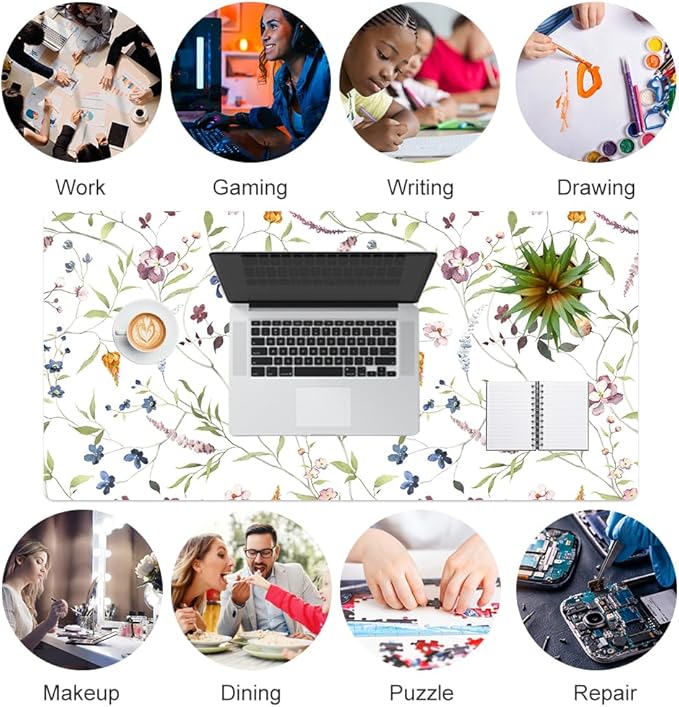 QIYI Floral Mouse Pad, Large Desk Mat for Desktop, Women Girls Watercolor Flowers Office Décor Desk Accessories, PU Leather Waterproof Gaming Mousepad, Wildflowers Desk Pad Computer Mat, 31.5" x 15.7"