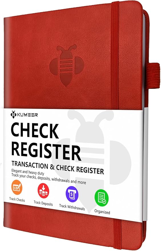 KUMEER Check Register – Elegant Check Registers for Personal Checkbook with Check & Transaction Registers, Hardcover Checkbook Log 5.2x7.6" (Red)