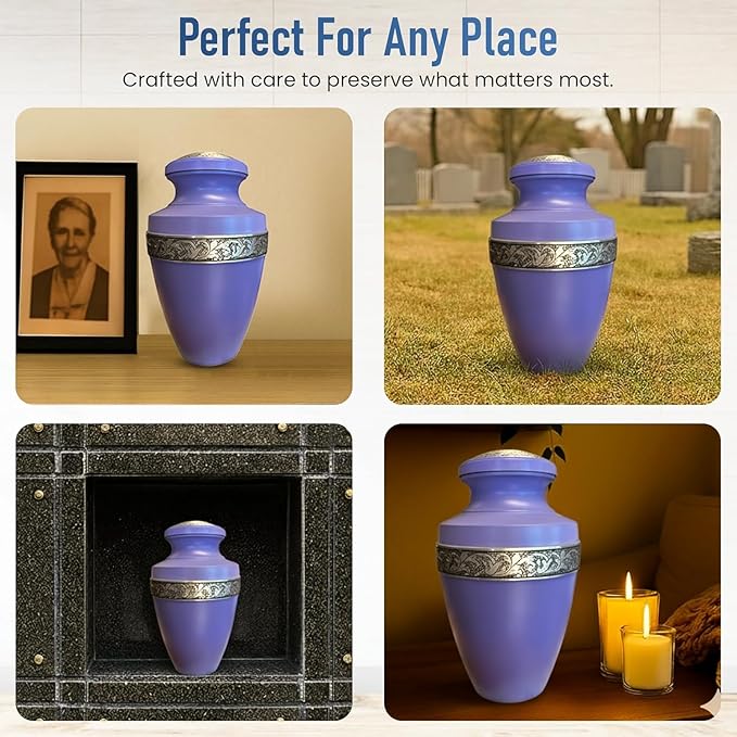 Modern Memorial Aluminum Large Urns - Urn for Adult Male and Female, Memorial Keepsake for Ashes (Purple Silver Band)