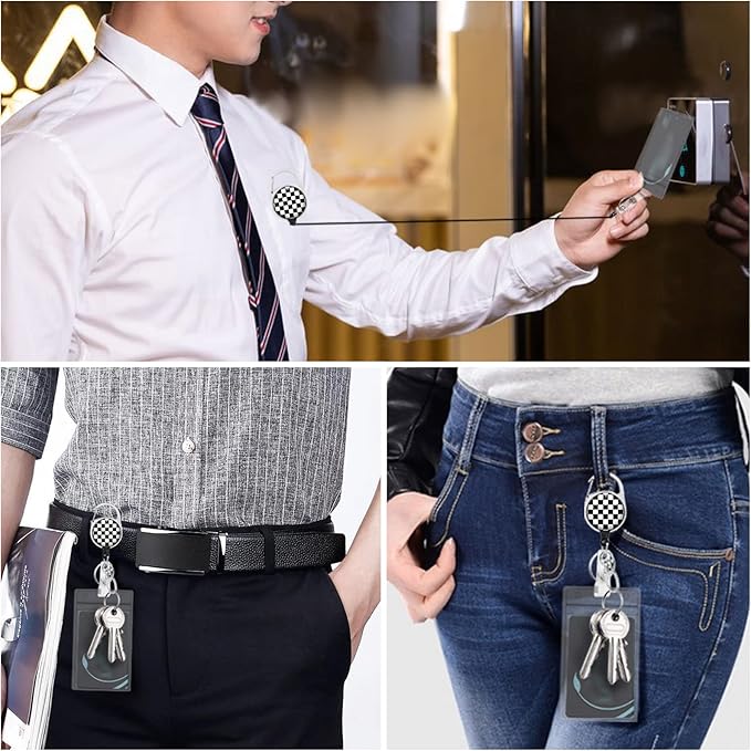 Black and White Checkered Lanyards for Id Badges, Cute Badge Reel Heavy Duty with Carabiner Clip, Fashionable ID Badge Holder with Breakaway Lanyard, Teacher Nurse Office Christmas Gifts