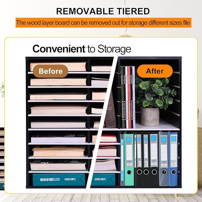 EasyPAG Wooden Literature Organizer with Adjustable Shelves, 36 Compartments Office Paper Organizer Storage 18000 Sheets Letter Size Paper, Student Mailbox for Classroom, Black/White