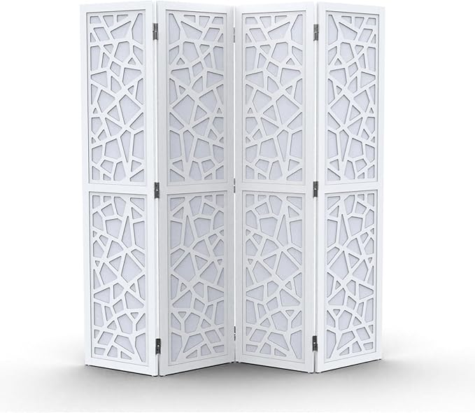 VINGLI 70'' H Room Divider, Non-Woven Fabric Privacy Screen, Indoor Partition Wall Dividers, Freestanding Hinged Space Separator with Modern Unique Pattern (White, 4 Panel)