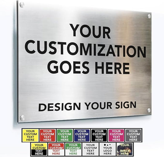 Custom Outdoor Aluminum Signs, Personalized Business Signs, Waterproof Silver Brushed Metal 12x8 In