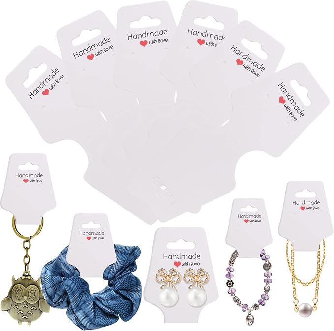 200PCS Necklace Display Cards Self Adhesive Jewelry Packaging Card for Keychain Bracelet Hair Band Fold Over Hanging Holder (White, 1.8x4.7 inches)