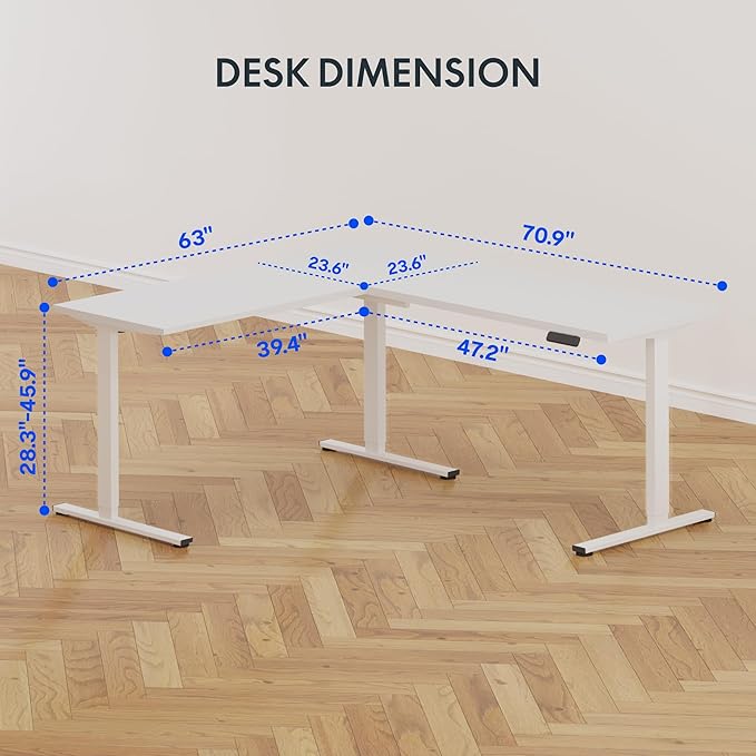 FLEXISPOT L Shaped Standing Desk, 71 x 63 Inch Electric Height Adjustable Corner Desk, Sit Stand Computer Workstation, Preset Controller, Home Office, White Frame with White Top, White Drawer