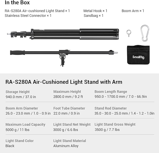 SmallRig 110"/9.2ft Photography Light Stand with Boom Arm, Heavy-Duty Aluminum Air-Cushioned Light Tripod Stand with 1/4" Screw for Softbox, Studio, Flash, Ring Light, Camera, 11lbs Max Load, RA-S280A