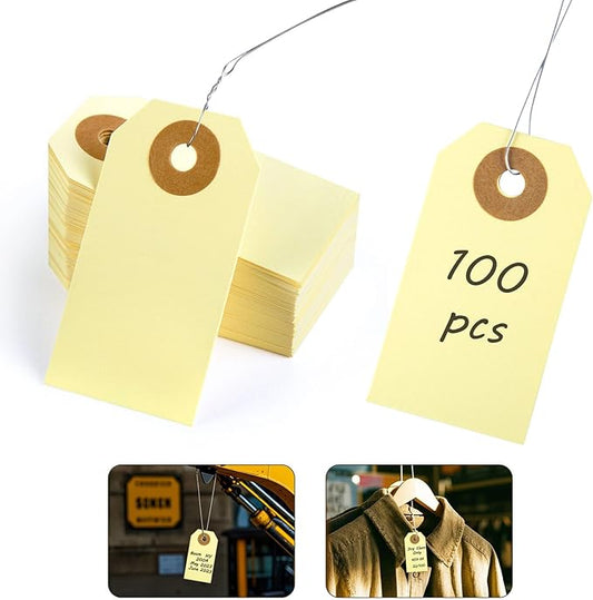 SallyFashion 100 PCS Pricing Tags with String, Blank Labeling Tag with Reinforced Hole and Metal Wire, Manila Hang Tabs for Luggage Clothing Sale Supplies Equipment Parts, Gift Tags(2 3/4" x 1 3/8")