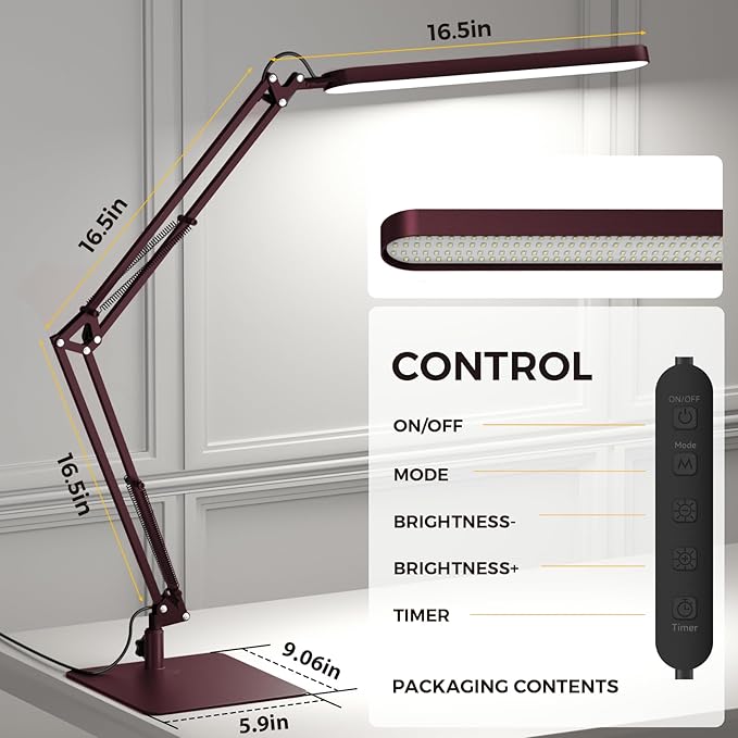 SKYLEO LED Desk Lamp with Slim Base - Adjustable Swing Arm Desk Light, Dimmable, Timer, Eye Protection, Memory Function, 1300LM, 12W, Red