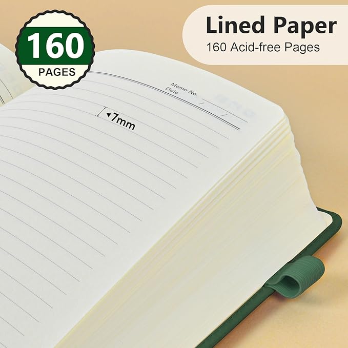 PERCUN Lined Journal Notebook for Men & Women, 160 Pages College Ruled Journal for Writing, A5 Hardcover Leather Notebooks for Work, School, Business, Travel, Daily Diary 5.9" x 8.5" (Green)