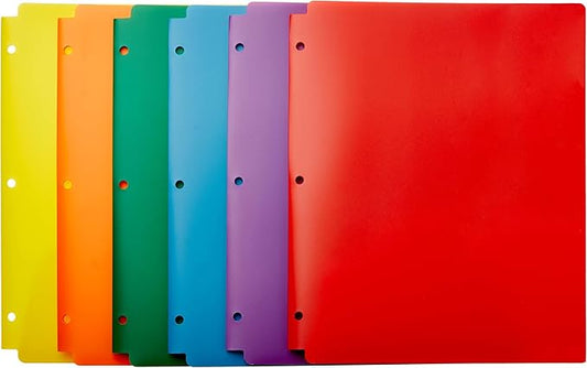 Amazon Basics Plastic 3 Hole Punch Folders with 2 Pockets, 8.5 x 11 inches, Pack of 6, Assorted Color