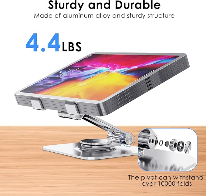 Gorablix Tablet Stand for Desk, 360° Swivel for iPad Holder, Aluminum Adjustable Tablet Holder, Compatible for iPad Pro Air Mini Surface Pro Samsung Galaxy Tabs Kindle, 4-12.9 inch, Silver