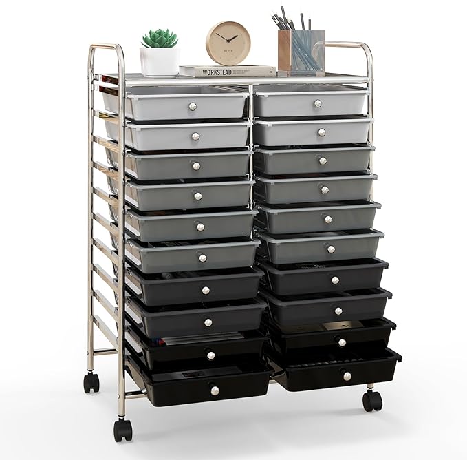 Happygrill 20-Drawer Organizer Cart Tools, Mobile Utility Storage Cart with Removable Drawers & Lockable Wheels, Rolling Storage Cart with wheels for Home Office School (Gradient Grey)