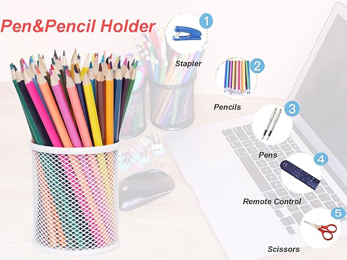 SNOW COOLER Pen Holder Mesh Pencil Holder Metal Pen Holder Cup Pencil Cup Holder for Desk Office Pen Organizer White, 4 Pack