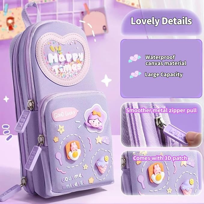Large Capacity Kawaii Purple Pencil Case - Cute 3-Compartment Stationery Organizer for School Supplies, Office, and Travel | Ideal Gift for Students, Artists, and Art Lovers, Holds 50 Pens or Pencils
