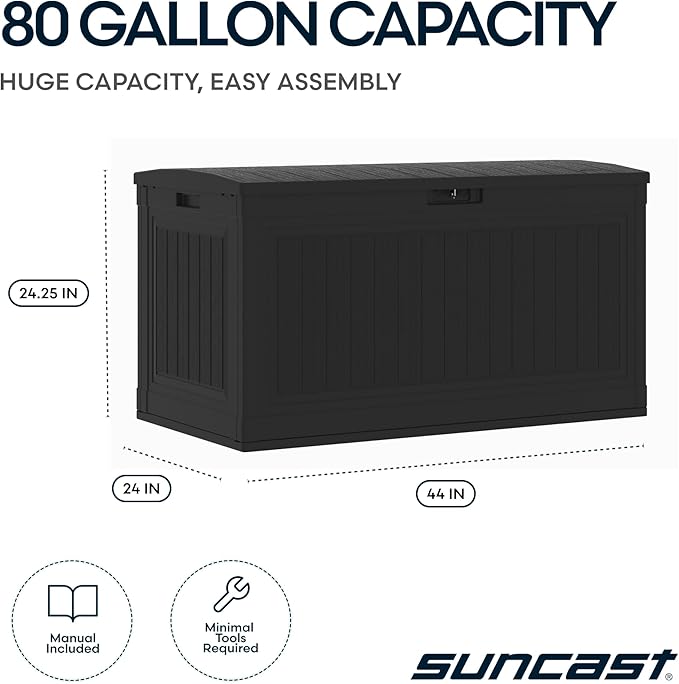 Suncast 80-Gal. Waterproof Resin Large Outdoor Patio Deck Box with Pad-Lockable Lid, Modern Outdoor Patio Bench/Storage Box for Cushions, Garden Tools, and More, Iron Ore