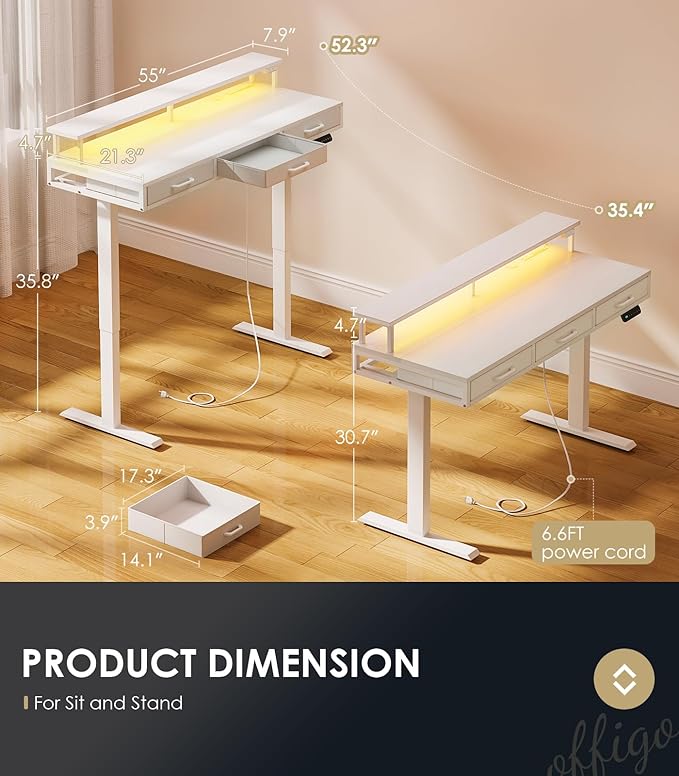 OffiGo Electric Standing Desk with Drawers, 55 Inch Height Adjustable Desk with Power Outlets & LED Lights, Sit Stand Table with Monitor Stand for Home, Office, Workstation, White