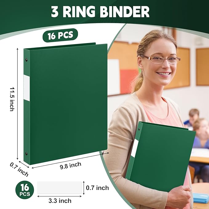 Henoyso 16 Pcs 3 Ring Binder 0.5 Inch Round Fits Letter Size 8.5'' x 11'' Paper Plastic Flexible Binder Bulk Holds 140 Sheets with 1 Pockets Versatile Organizer for Home Office School (Dark Green)