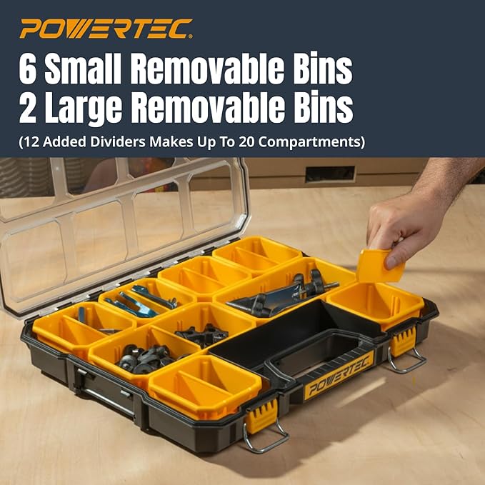 POWERTEC Small Parts Organizer & Tool Box – 20 Compartments, IP65 Water & Dust Protection, Stackable Storage with Interlocking Latch, Removable Bin, Divider, Clear Lid, Portable Design, 2PK (72366-P2)