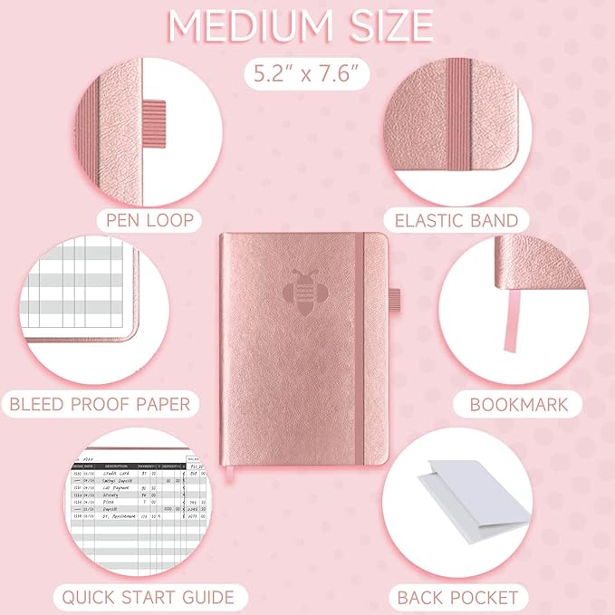 KUMEER Check Register – Elegant Check Registers for Personal Checkbook with Check & Transaction Registers, Hardcover Checkbook Log 5.2x7.6" (Rose Gold)