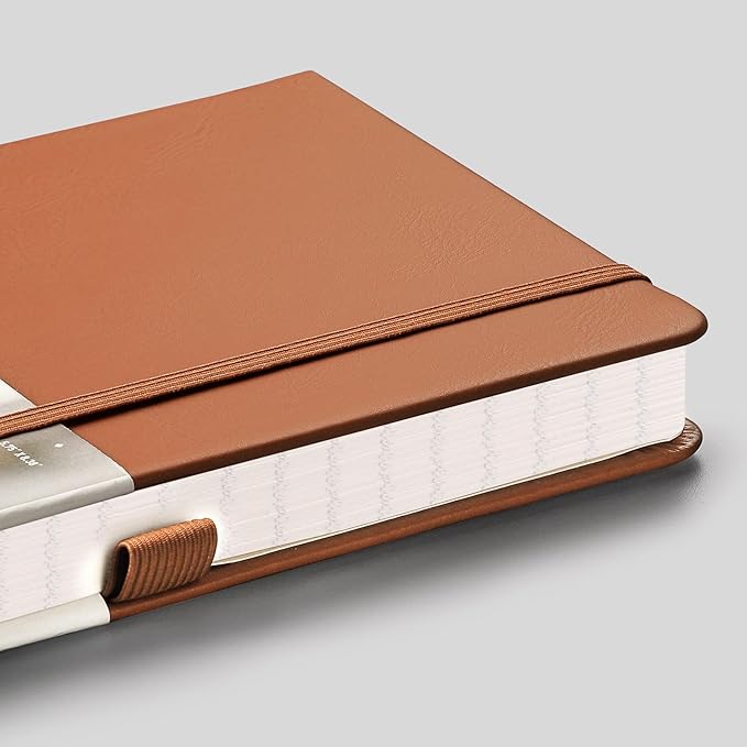 EMSHOI Lined Journal Notebook, 120 gsm Leather Hardcover with Sticky Notes & 256 Numbered A5 Pages – College Ruled Notebook for Writing, Work, School, Men, Women | 5.75”x8.38” – Brown
