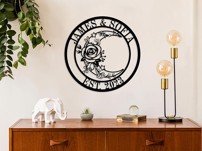 ENFODREAM Moon Metal Floral Art Decor Black Boho Large Floral Moon and Star Phase Wall Sign for Bedroom