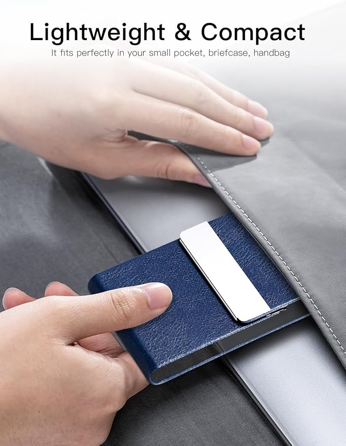Padike Professional Business Card Holder PU Leather Business Card Case Name Card Holder Slim Metal Pocket Card Holder with Magnetic Shut (Z-Blue)