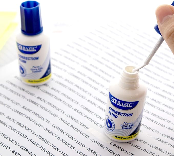BAZIC Products Correction Fluid (0.7 oz / 20 ml), Soft Bristle Brush Applicator, Instant Corrections Pen White Out Wipe Out Liquid (2/Pack), 24-Packs