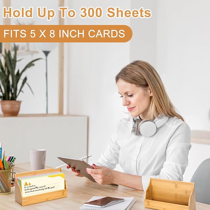 5x8 Inch Index Card Stand Wooden Index Cards Holder Notecard Box Postcard Display Stand Flash Cards Organizer Business Card Display Rack for Desk Office Supplies Capacity 300 Sheets