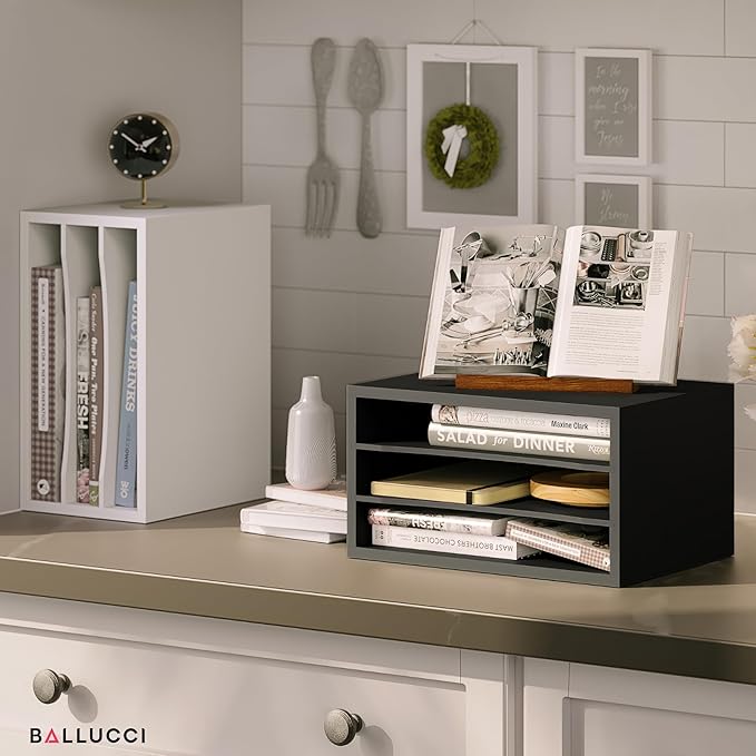 Ballucci Paper Organizer, 3-Tier Stackable Wood Desk Organizer, Document File Organizer and Mail Sorter with Adjustable Storage Shelves, Black