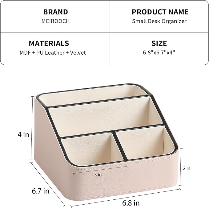 MEIBOOCH Remote Control Holder, PU Leather Small Desk Organizer with 4 Compartments, Nightstand Organizer Desk Caddy for Remote, Notepad, Phone, Glasses, and Accessories (Pink)