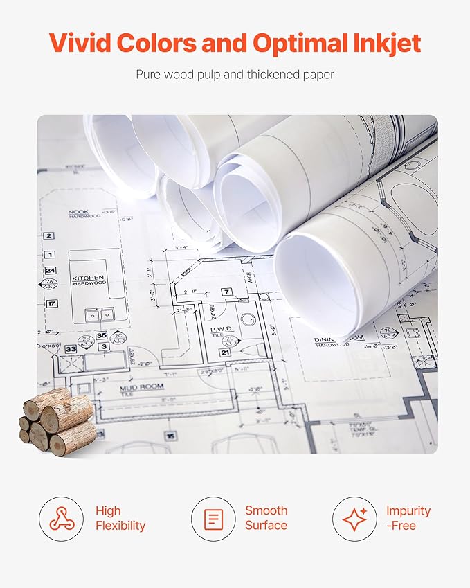 VEVOR Wide Format Paper, 24 in x 150 ft Plotter Roll, 20 Rolls CAD Bond Rolls with 2 in Core, 20 LB Bond Paper Rolls, Ideal for CAD Drawings, Engineering Plans, GIS Maps, and Architectural Designs