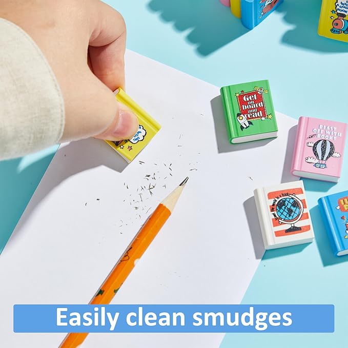 party greeting 100Pcs I Love to Read Pencil Erasers Fun Erasers Bulk for Kids Read Across America Prizes Drawing Sketching Supplies Reading Positive Reward Gift School Classroom Teacher Colorful