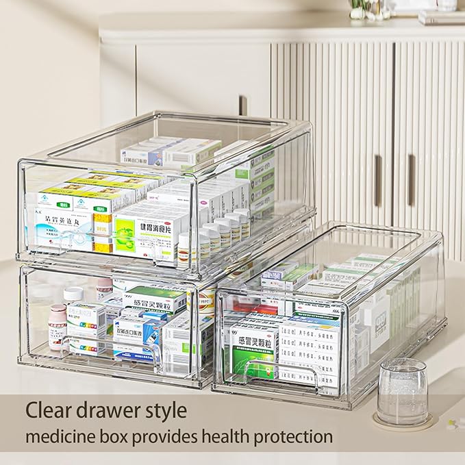 Sgoostood Pull Out Drawer Medicine Box for Safe Medication Storage, Large Refrigerator Storage Bin for Kitchen Food Safe, Tablet Box for Kids Home/Office Organize Ointments,2 Pack - Clear（ Medium）