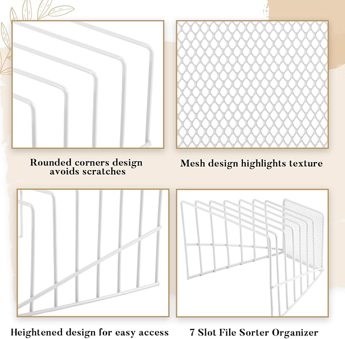 2 Pcs 7 Section Incline File Sorter Metal Wire Mesh File Rack for Desktop Letter Sorter for Magazine Folder Book Organizer Home Office School Paper Mail Desk Storage Holder (White)