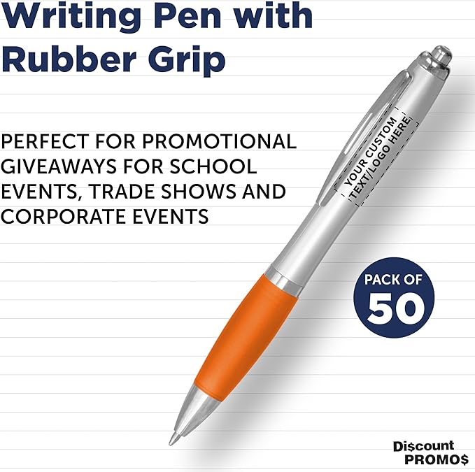 DISCOUNT PROMOS Ballpoint Pens With Rubber Grip, 50 pack, Custom Promotional Text, Logo with Name, Black Ink Writing Pens in Bulk, Orange