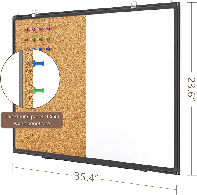 maxtek Combination White Board & Bulletin Cork Board 24 x 18 Whiteboard Magnetic, Combo Dry Erase Board with Black Aluminum Frame, 2' x 1.5' Hanging Message Board Wall Mounted for Homeschool Office