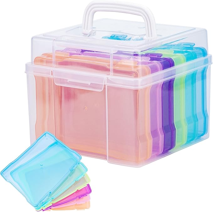 Find Scrapblooms 5×7 Photo Storage Box With Handle,Plastic photo keeper With 6 inner 5×7inch photo cases,Card Organzier Craft Storage box for pictures,stamps,seeds (Colorful With Handle)