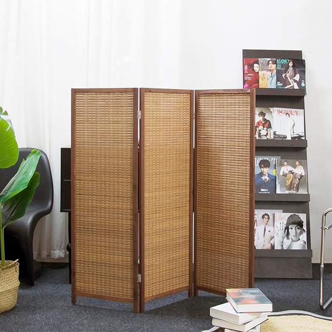 Furnnylane 3 Panel Short Room Divider Screen,Brown Freestanding Partition,Small Bamboo Panel Divider for Room Seperation,3.95 FT Tall