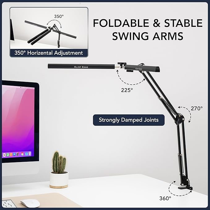 Glint Edge Double Head LED Desk Lamp, Ultra-Wide Coverage for 72" Workspaces, Eye-Caring, 360° Adjustable, Stepless Dimming, Remote Control, 10 Brightness Modes, 3 Color Temperatures, Energy Efficient