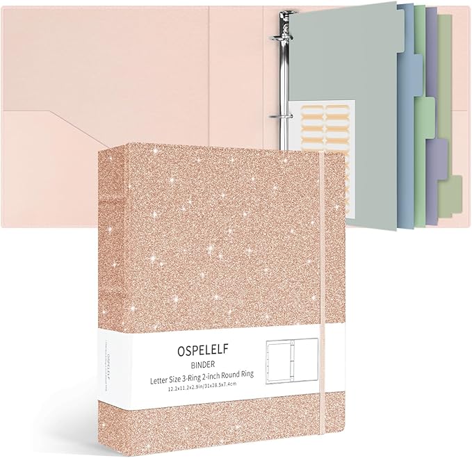 Ospelelf Vintage Hardcover 3 Ring 2 inch Leather Binder, Professional Binders Organizer Suitable for Letter Size Documents, Binder Dividers with Tabs, Faux Glitter Pink Leather