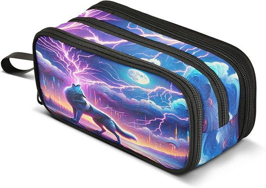 Wolf Howling Moon Lightning Pencil Case Box Boys Girls Large Pencil Pouch with Zipper Compartments Big Capacity Stationery Pen Bag Organizer for Kids Teens Adults School